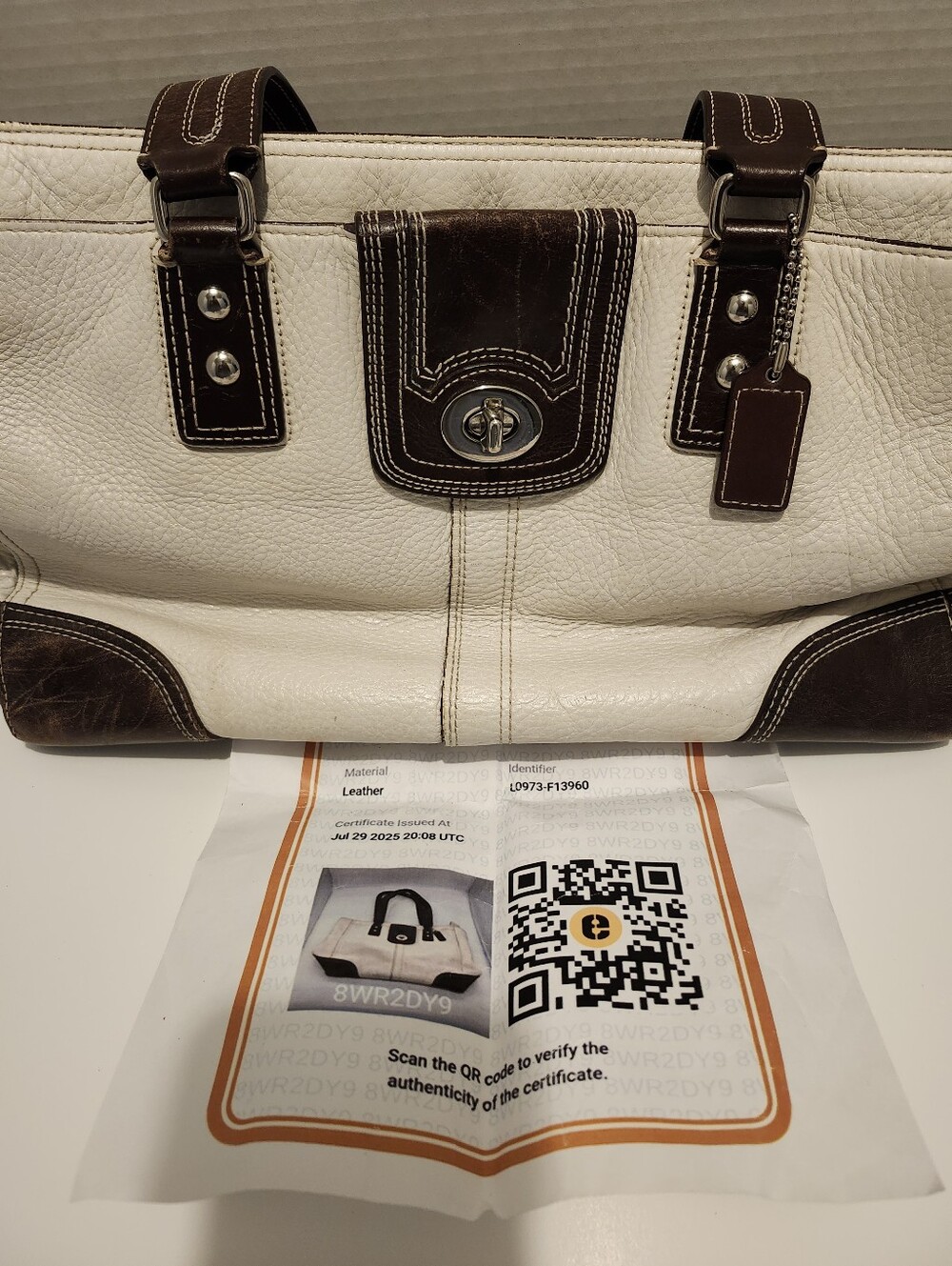 Coach Two-Tone White and Brown Leather Shoulder Tote - Picture 5 of 7